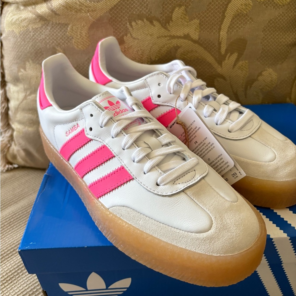 adidas  Sambae - White Sneakers with Pink Stripes and Gum Sole